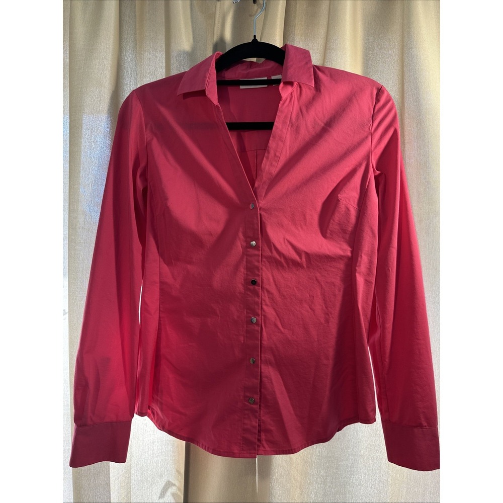 New York and company Women's V Neck Snap Down Hot‎ Pink Long Sleeve Blouse XS